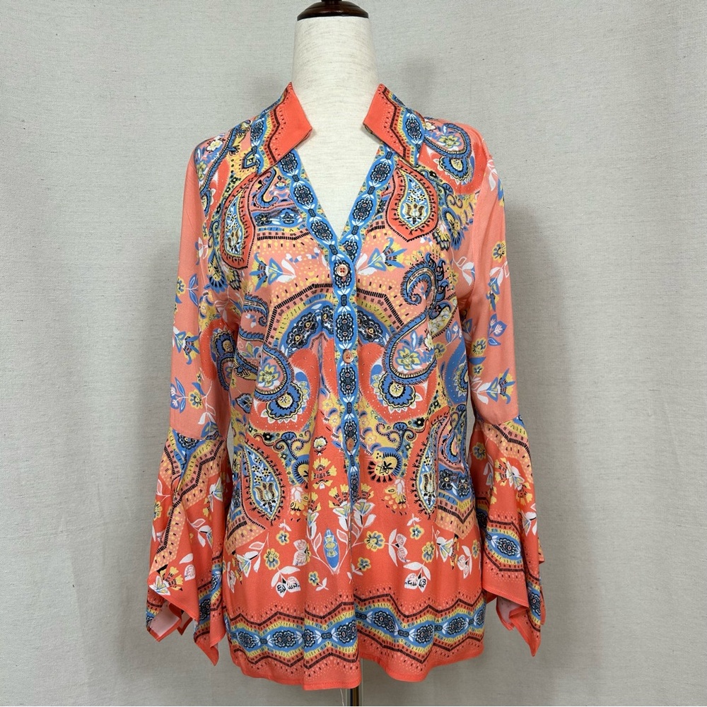 Boston Proper Orange and Blue Graphic Long Sleeve Blouse
